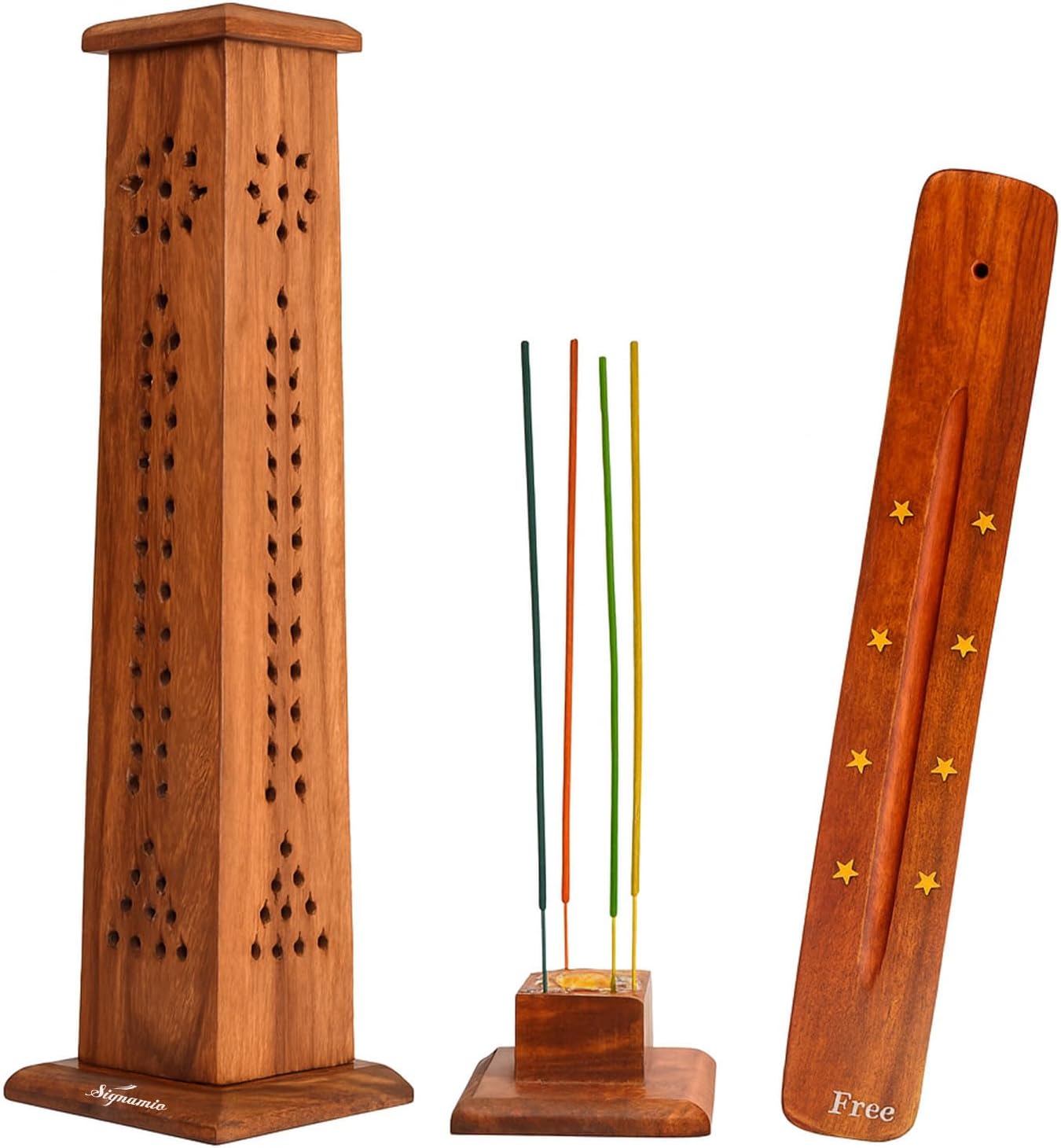 SIGNAMIO® 2pcs Square Wooden Agarbatti Stand with Ash Catcher: Premium Incense Stick and Dhoop Holder Set for Pooja Room Decoration - Essential Puja Items for Home Mandir & Agarbatti Storage Box