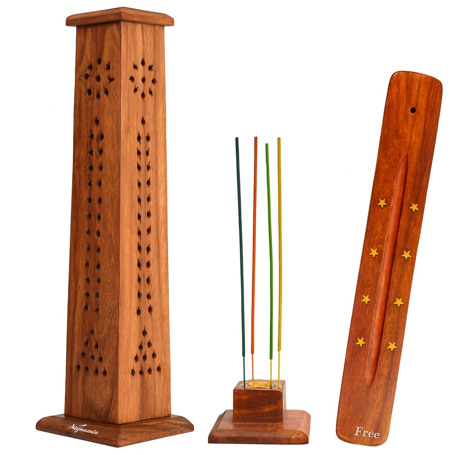 SIGNAMIO® 2pcs Square Wooden Agarbatti Stand with Ash Catcher: Premium Incense Stick and Dhoop Holder Set for Pooja Room Decoration - Essential Puja Items for Home Mandir & Agarbatti Storage Box
