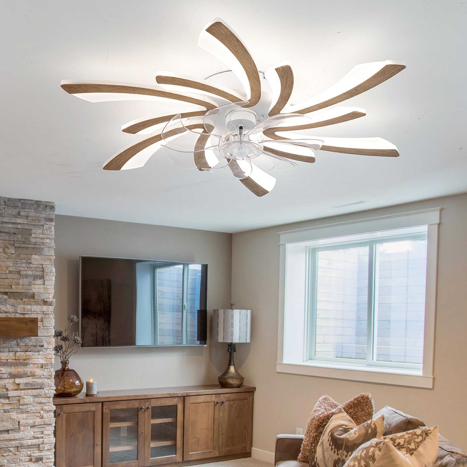 SXDMOUBK Silent Ceiling Fans with Lights and Remote Control Dimmable 6 Speed Living Room Fan Light Ceiling 30.7 in Dc Timer Reversible Ceiling Light with Fan Bedroom Modern Smart-Wood Grain