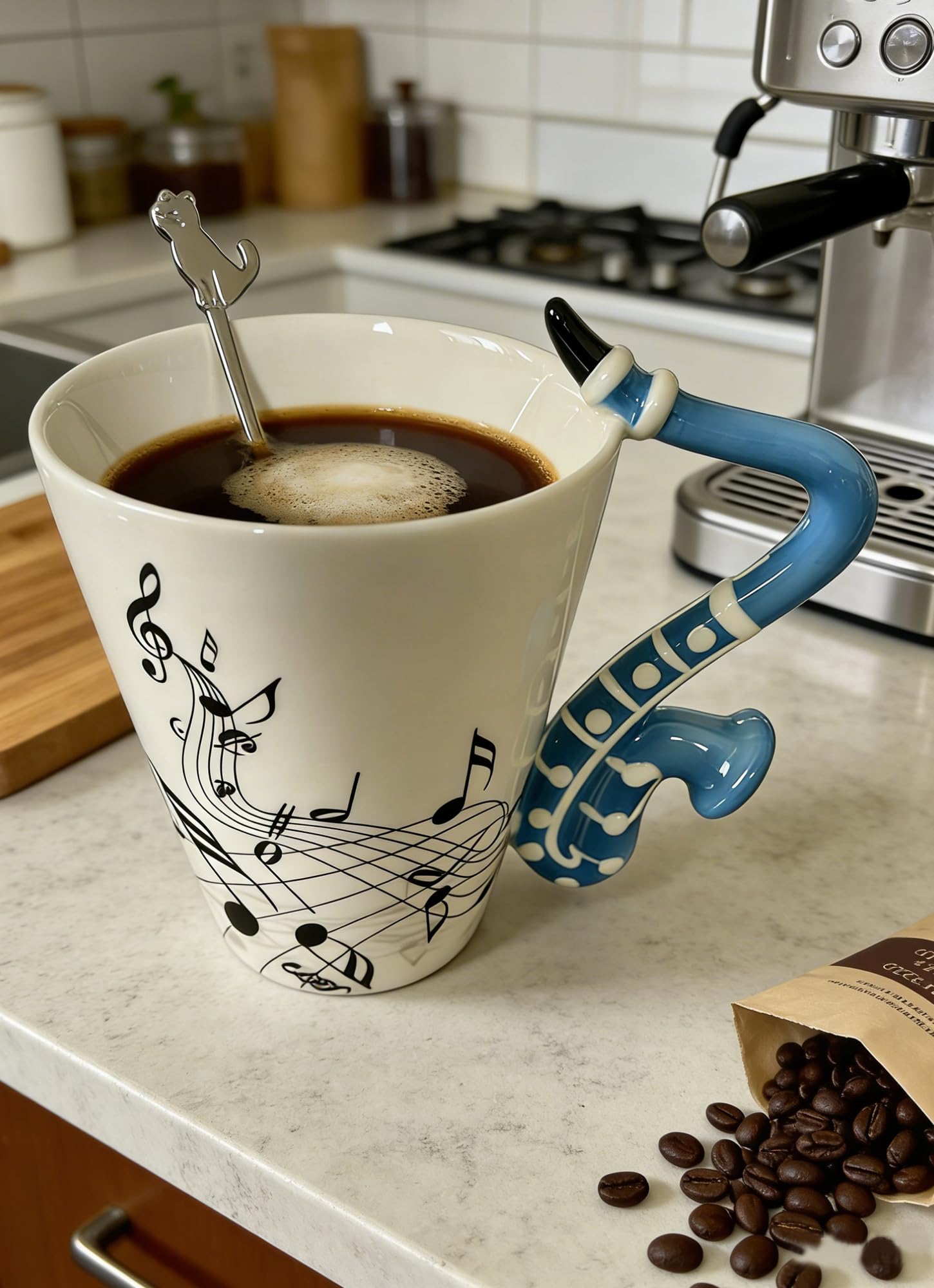 Saxophone Novelty Mug Musical Gift Coffee Cup with Spoon, Music Teacher Gifts,Music Lovers for Holidays Gift for Mother's Day,Fathers Day,Men,Woman (Blue)