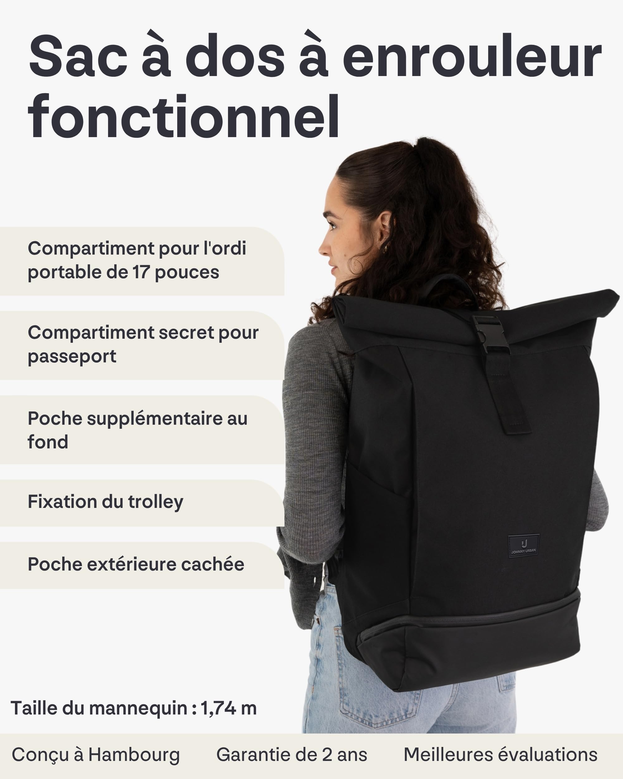Johnny Urban Sac à Dos Femme & Homme Noir - Allen XL - Grand Sac Roll Top pour Travail & Voyage - Spacieux Backpack pour Ordinateur Portable - Imperméable