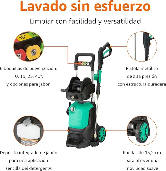 Amazon Basics Corded Pressure Washers, 2200 W, Max 145 Bar, Maximum Flow Rate: 500 l/h, Green - 2