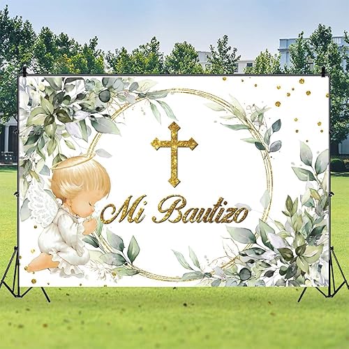 Miniatura 5 de Greenery Mi Bautizo - Telón de fondo de primera comunión para bautismo, querubín verde y dorado, hojas verdes de eucalipto, decoración de fiesta de