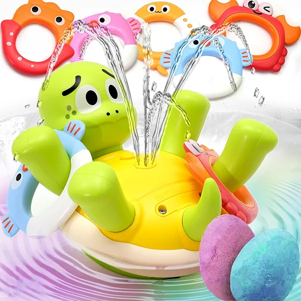 Rechargeable Turtle Baby Bath Toys with 2 Random Bath Bombs, Bathtub Fountain Spray Toy for Baby Toddler with 5 Rings, Pool Water Table Bath Toys for Kids Ages 1-3 4 5 6 Year Old Boys Gifts