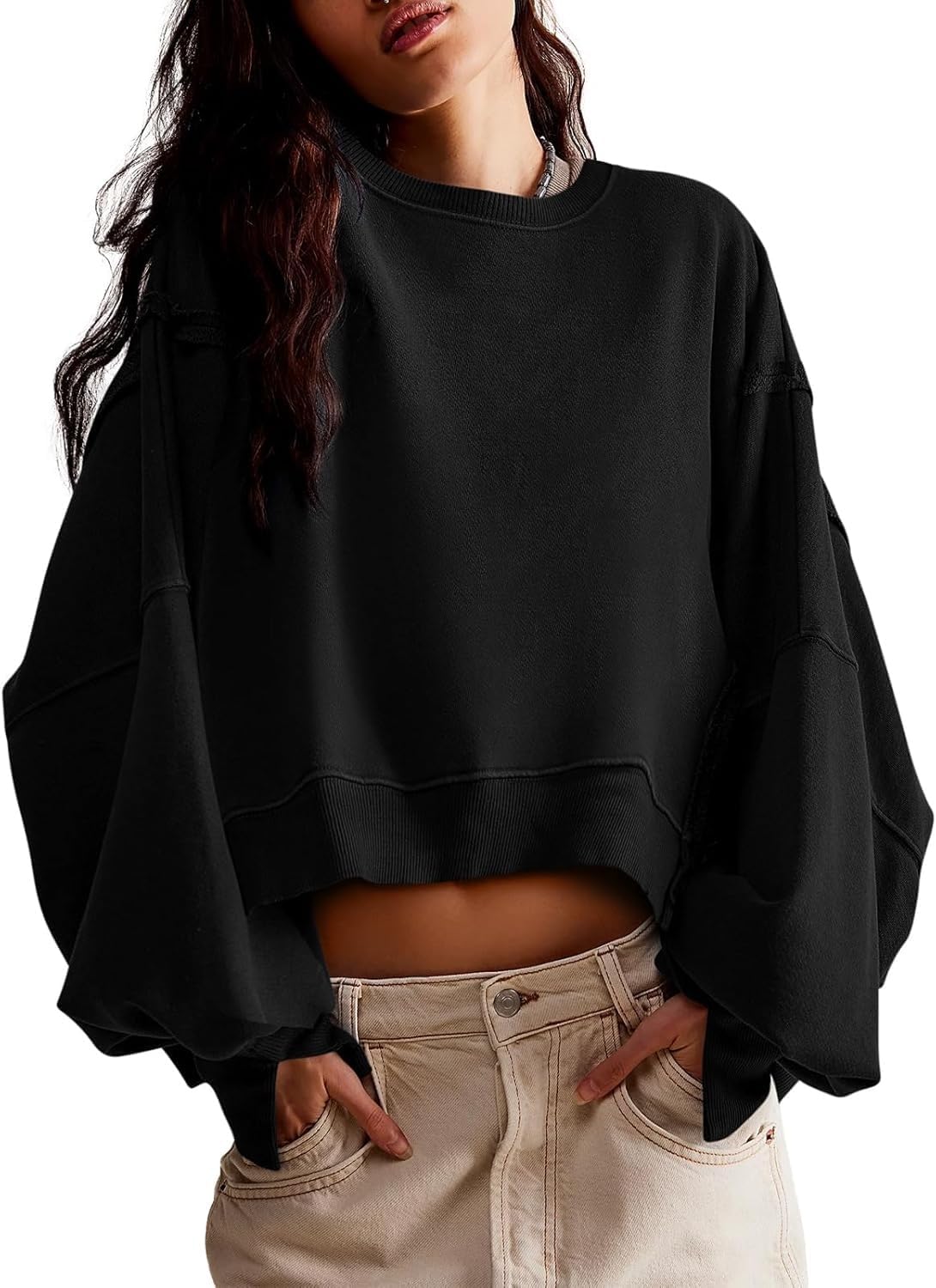 Womens Cropped Sweatshirt Long Sleeve Tops Crewneck Loose Tee Fall Pullover Crop Side Slit Casual