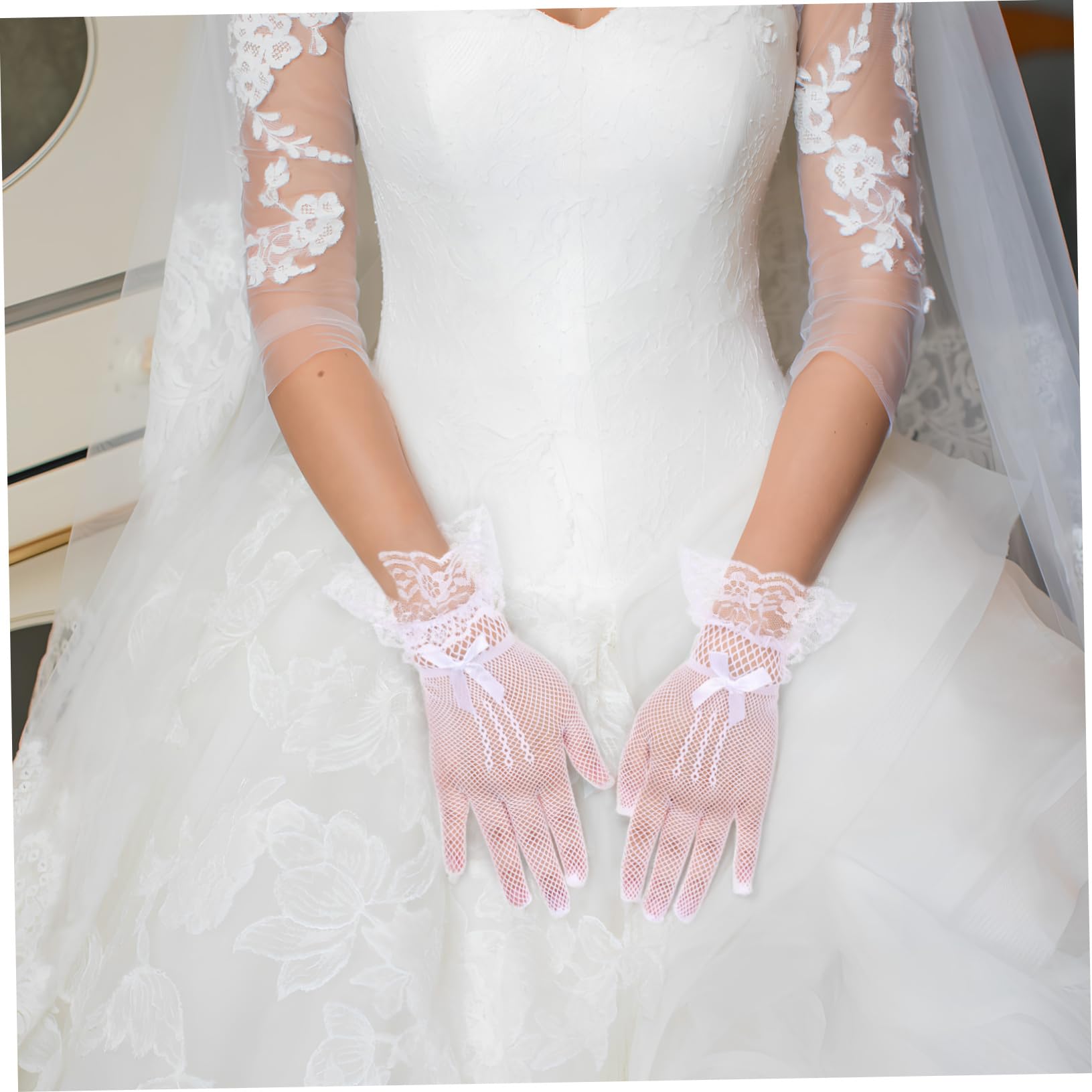 BESPORTBLE 12 Pares de Guantes de Malla para Boda, Blanco, Poliéster, Lentejuelas y Lazos, Cómodos y Reutilizables para Banquetes y Vestidos de Noche