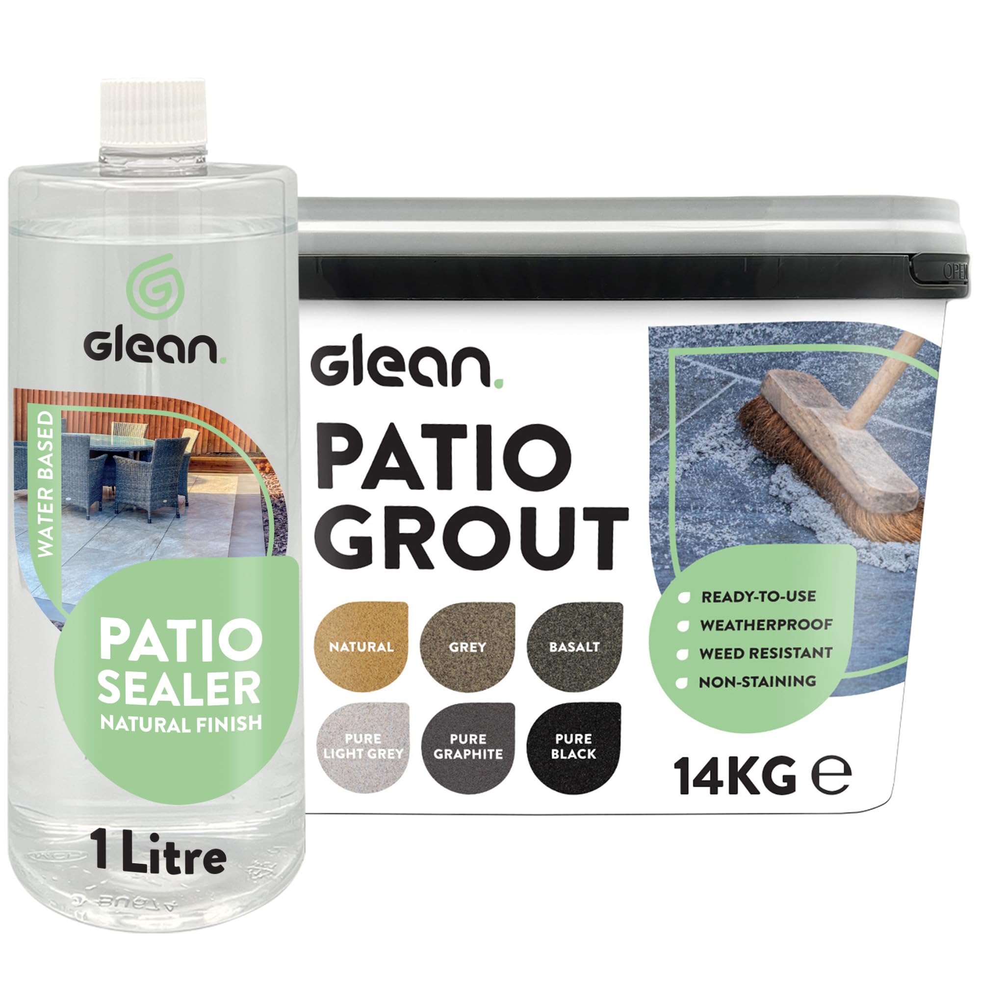 GLEAN Patio Grout GREY 15kg + Patio Sealer Natural Finish 1 Litre | Jointing Compound | Brush In Patio Grout For Paving Patios & Block Paving + Water Based Sealer