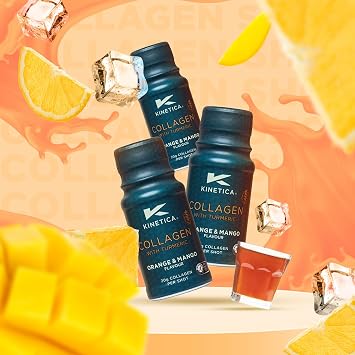 لقطات Kinetica Sports Collagen مع الكركم - نكهة البرتقال والمانجو | 20،000 ملغ من الكولاجين البقري/طلقة، 12 طلقة/عبوة | يحتوي على 50 ملغ من فيتامين C | مفيد لصحة المفاصل والأربطة والعضلات والبشرة