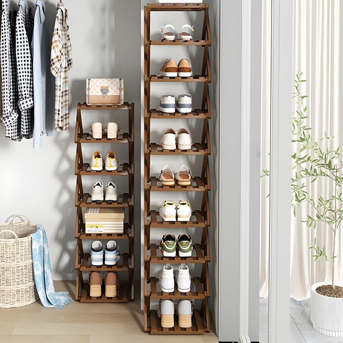 CraftThink Foldable Shoe Rack, Bamboo Modern Folding Shoe Storage Rack Free Standing Shoe Shelf Organizer for Corridors Entryway Corner and Small Spaces (Tan, 9-Tier |10" L x 10" W x 63" H|)