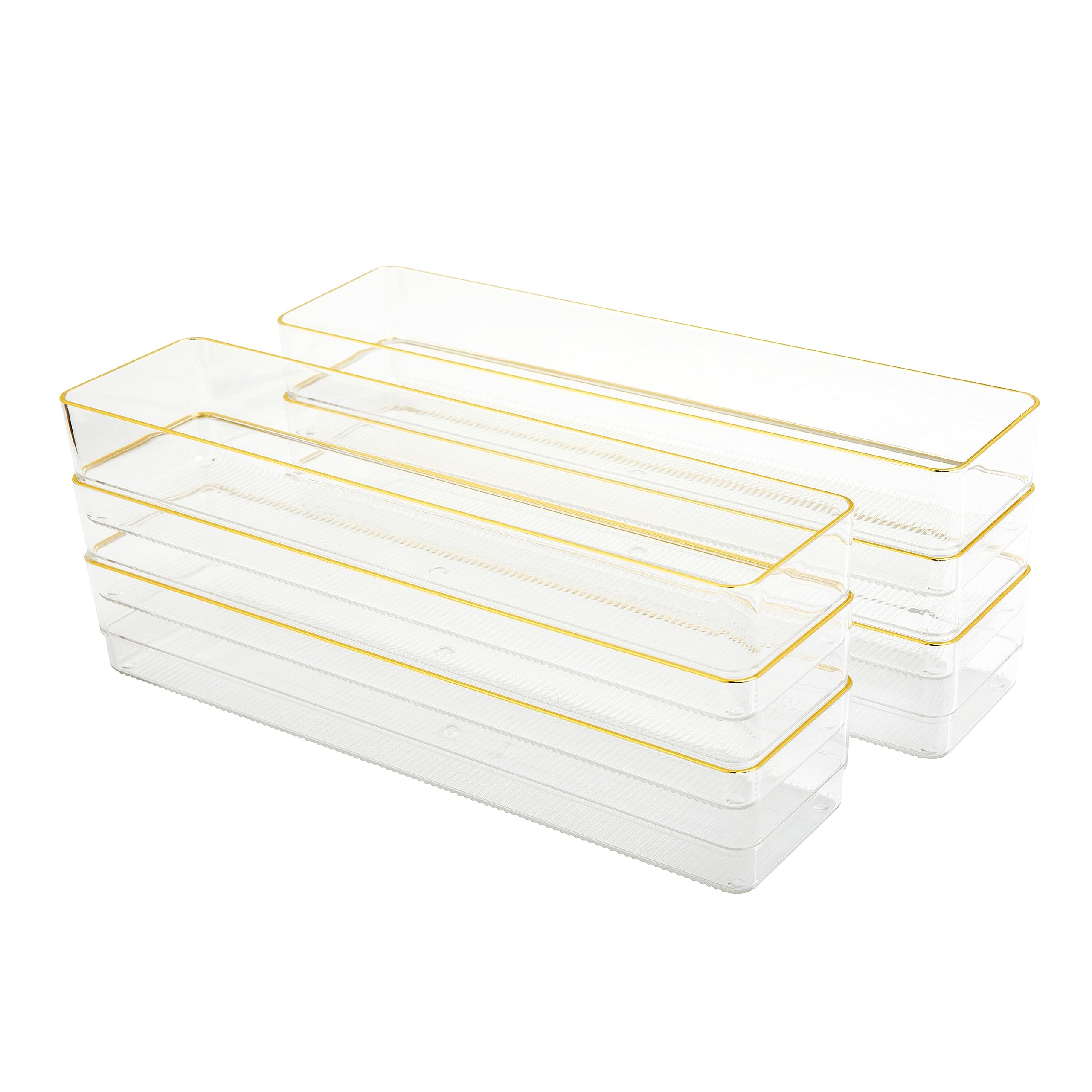 martha stewart kerry plastic stackable office desk drawer organizers, 12" x 3", 6 pack, with gold trim