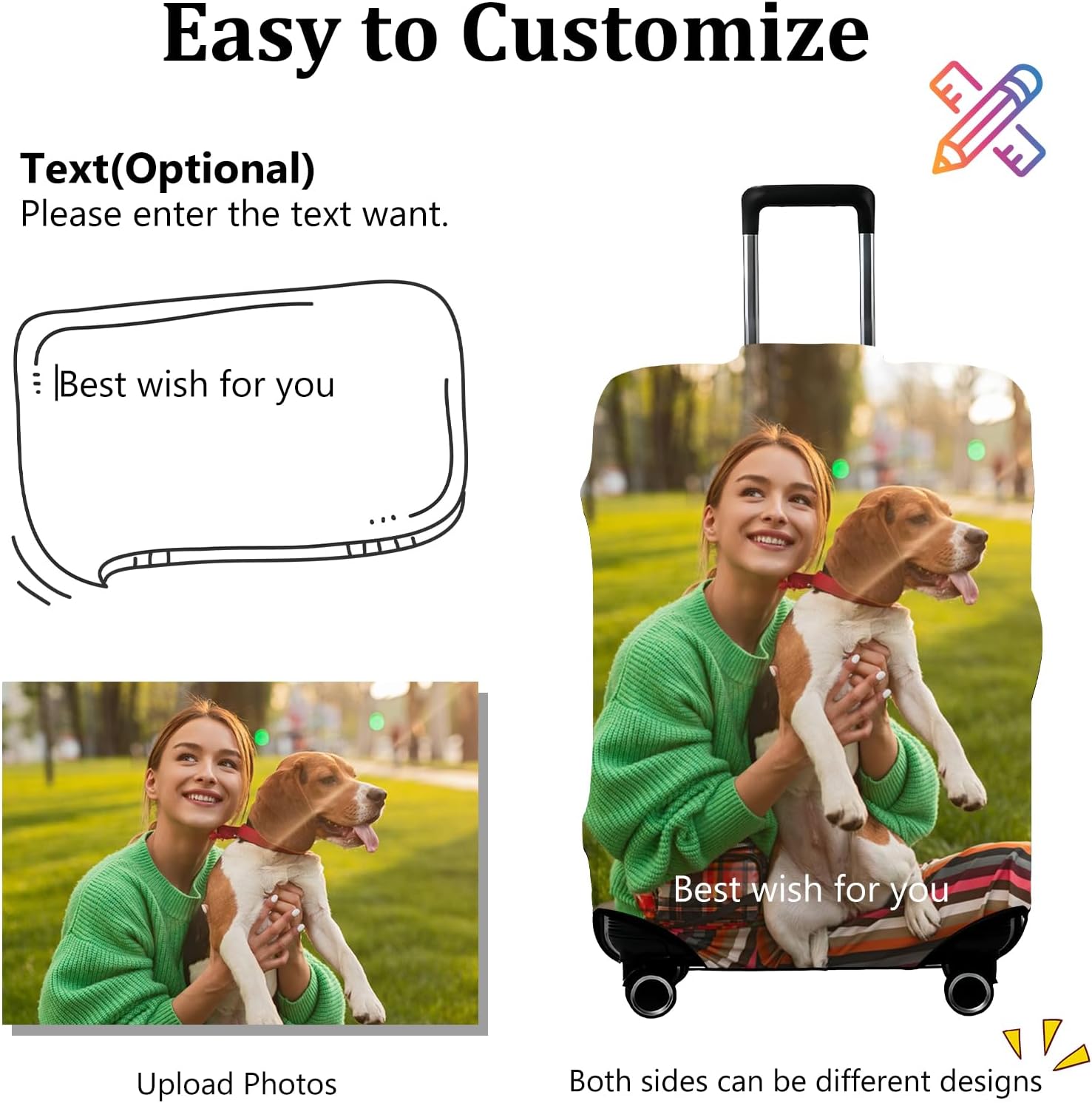 Customized luggage covers—make your luggage unforgettable! Add your own photo/name/text; double-sided washable travel cover (L(26-28 in))