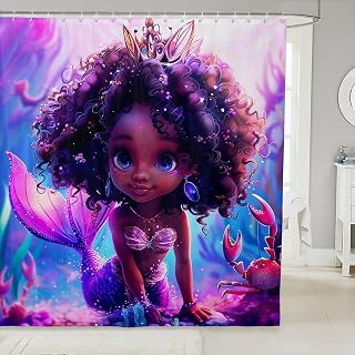Mermaid Princess Kids Shower Curtains,Black Skin Girls African Style Bathroom Curtains for Girls Women,Ocean Coral Marine Life Purple Romantic Waterproof Curtains,12 Hooks Suits,72" W x 72" L