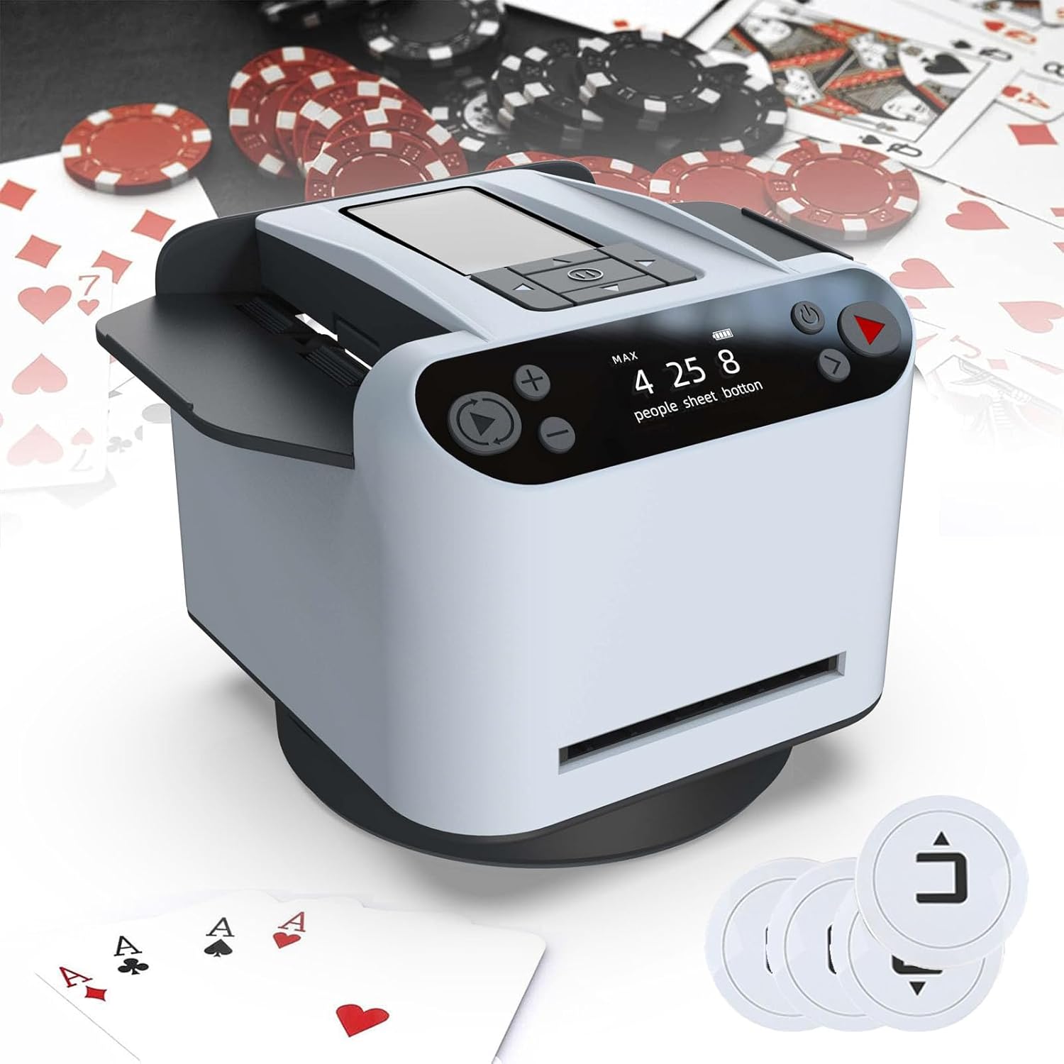 2-in-1 Automatic Card Shuffler & Dealer Machine,360° Rotating Card Dealer,Playing Card Dispenser,with 4 Wireless Dealer Buttons,for 2-8 People Game(Color:White)