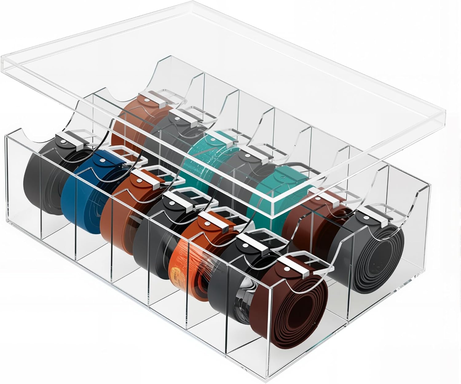 Large Acrylic Belt Organizer with Dust Lid, Clear Belt Storage for Closet and Drawer, 14 Compartments Belt Box Holder for Singers, Men, Women (Dual Rows,14 Compartments)