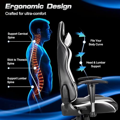 Miniatura 17 de GYMAX Silla para videojuegos, silla ergonómica rosa con respaldo alto para computadora con reposacabezas y soporte lumbar, silla de escritorio de
