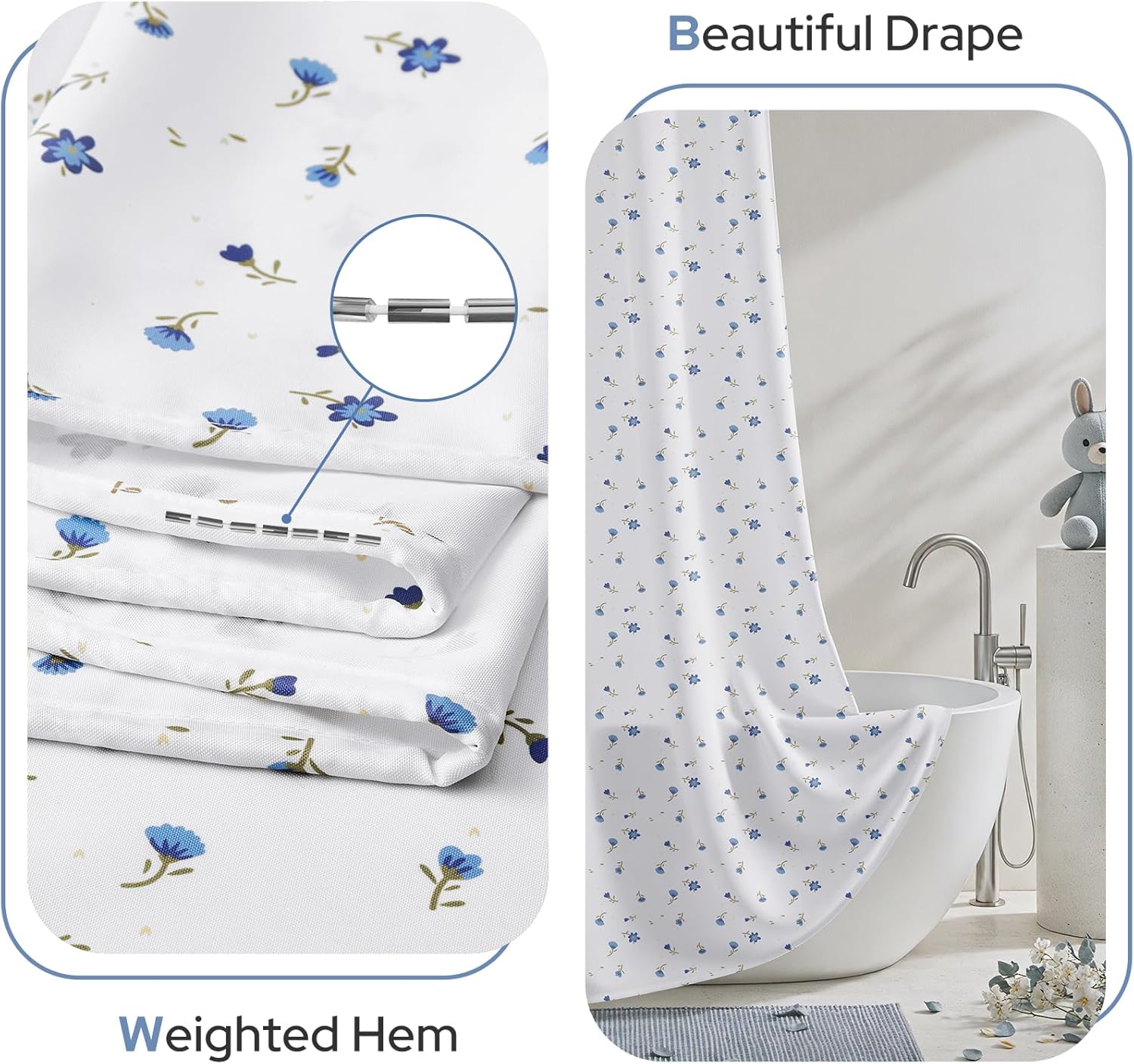 HOMEIDEAS Blue and White Floral Shower Curtain, Cute Long Shower Curtains for Bathroom with Hooks Machine Washable, Modern Bathroom Decor 72x84 Inch