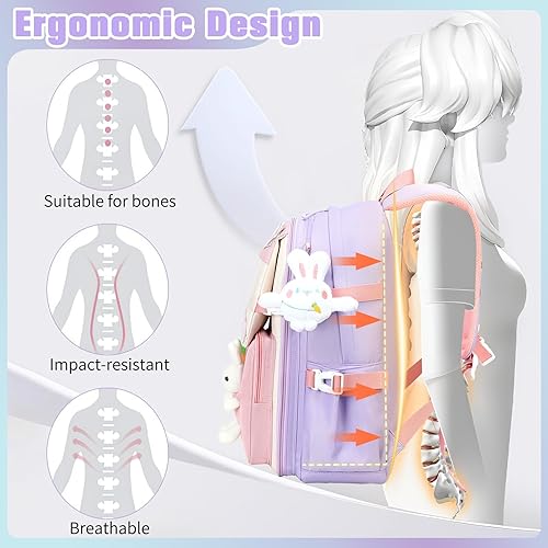 Miniatura 7 de Mochila para niñas, juego de bolsa de libros con lonchera y estuche para lápices, mochilas escolares de conejito kawaii para niña, 3 piezas de