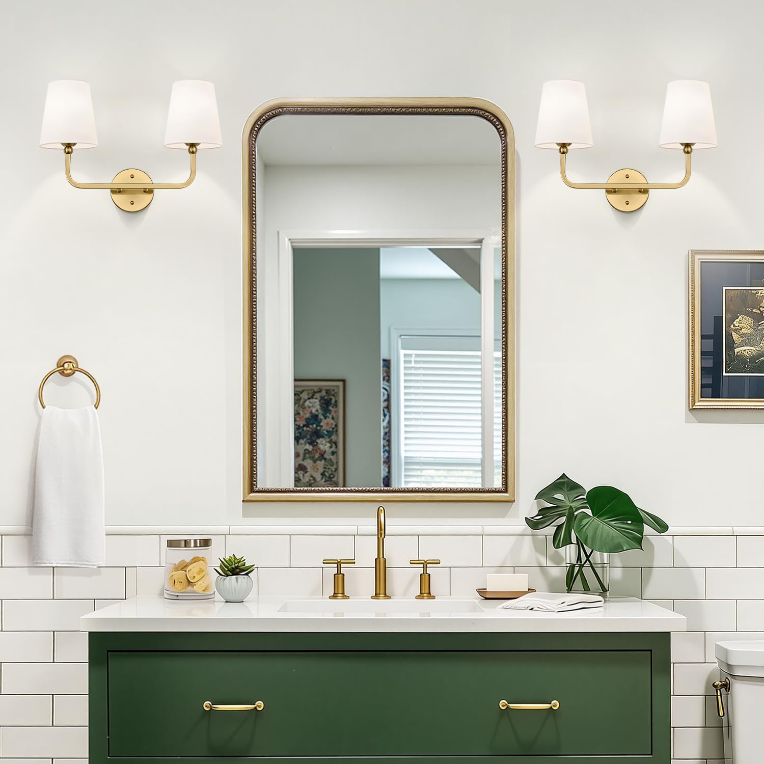 MOKATNG Bathroom Light Fixtures, 2-Light Brushed Gold Vanity Lights, Bathroom Lighting Fixtures Over Mirror with Flared White Fabric Shade, Modern Wall Sconces for Living Room Hallway
