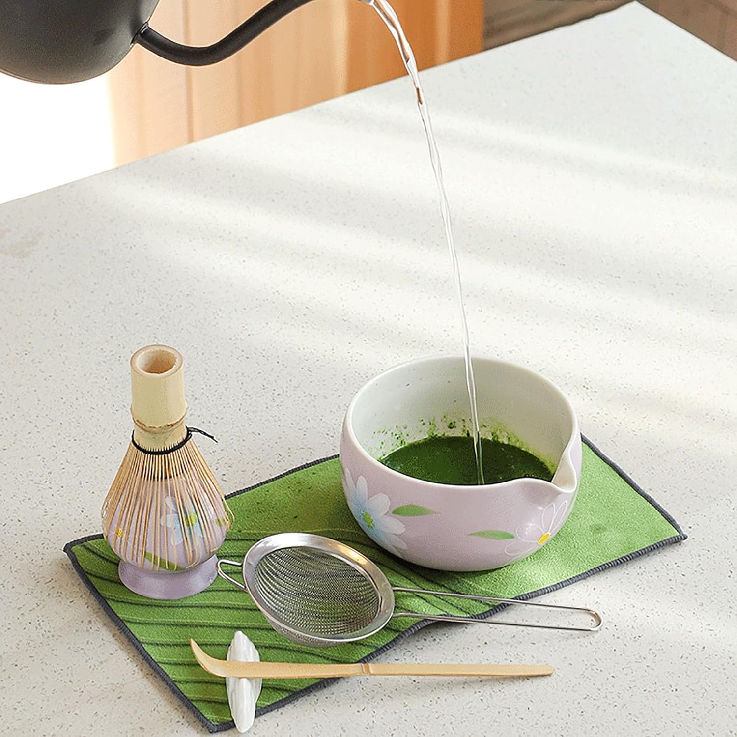 7-piece Matcha Whisk Starter Set Including Matcha Bowl, Matcha Whisk And Stand, Sieve, Spoon, Cloth Mat, Gift For Matcha Lovers(With mouth)