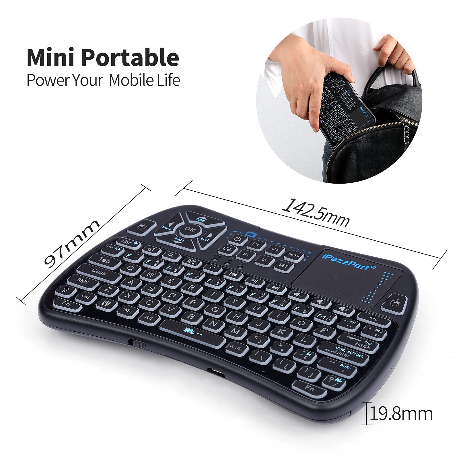 iPazzPort Backlit Mini Keyboard Bluetooth touchpad, Mini 2.4Ghz