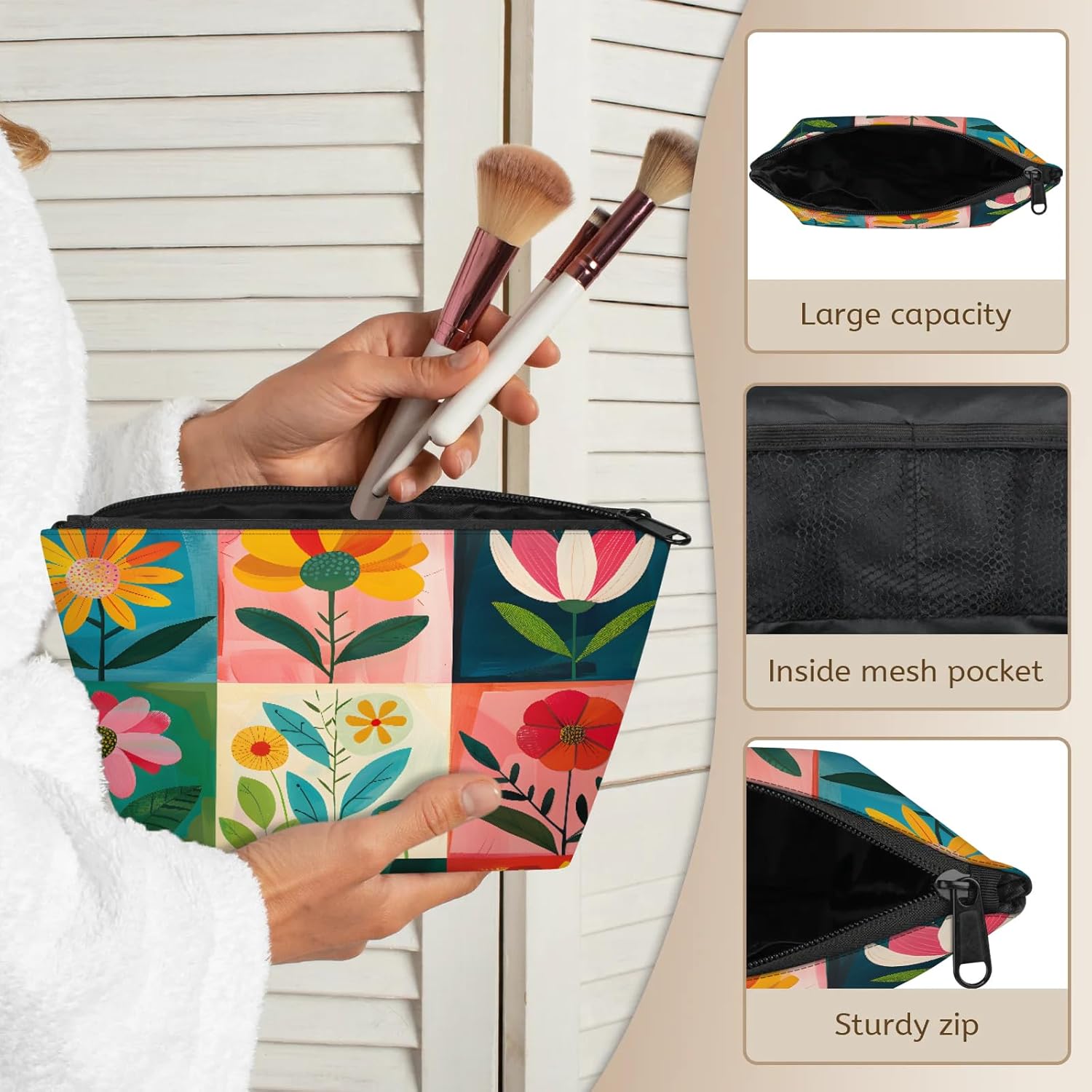 Bold Flower Canvas Small Cosmetic Bag for Travel, Waterproof Makeup Bag with 2 Mesh Pockets, Portable Toiletry Bag Mini Organizer for Gym, Business Trip, Camping - Image 5
