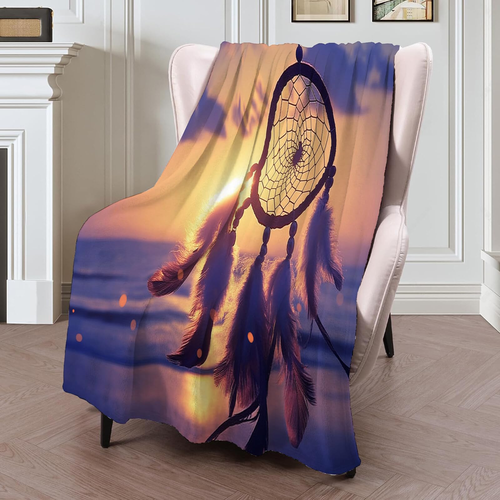 Manta Franela para Cama,Manta para Sofá Naranja-Azul Atrapasueños del Océano 220X240Cm Suaves Microfibra Grande Flannel Blanket,Paisaje De Luz Y Sombra Estampado Manta Invierno Calentitas