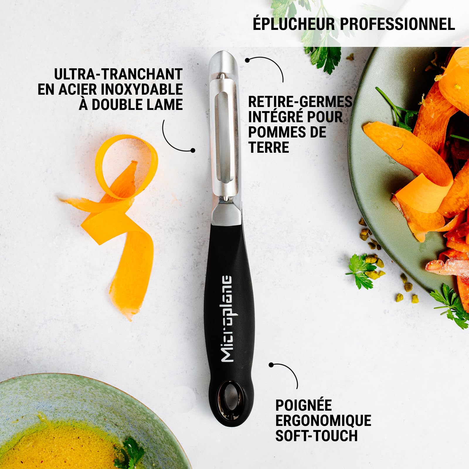 Microplane Coffret Cadeau Gourmet 3 pièces Râpe Zesteur Premium Classic, Râpe Très Gros Grains&Éplucheur Professionnel, Lames Inox Ultra-Tranchantes, Ustensiles de Cuisine Haut de Gamme Ergonomiques