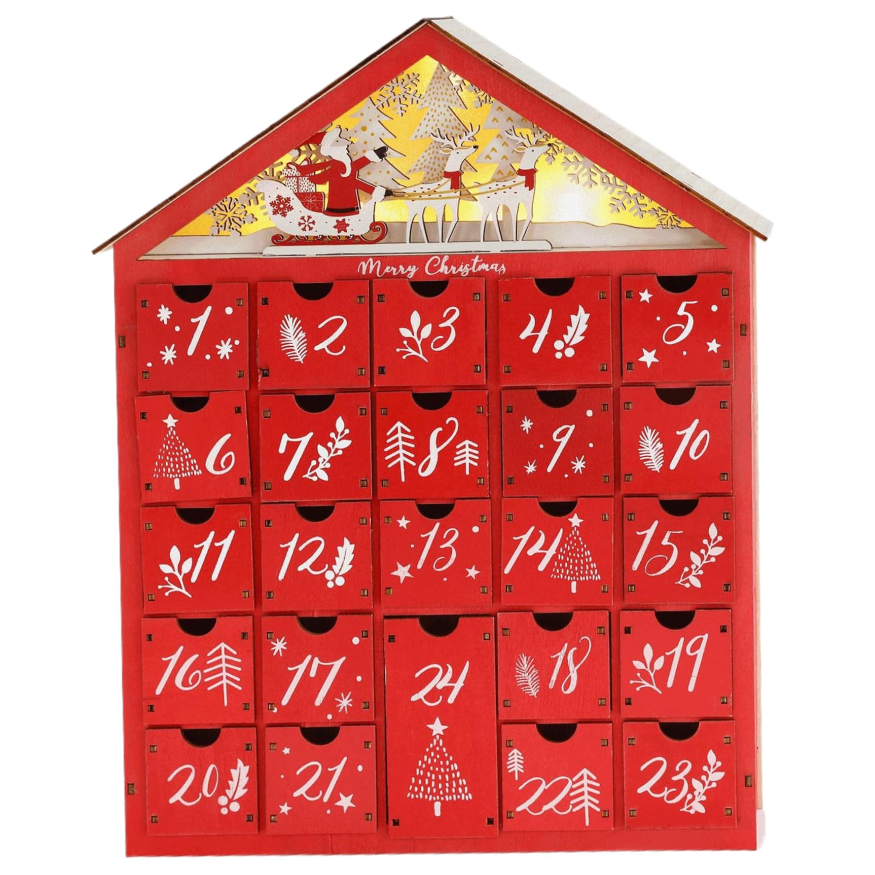 Calendario dell'Avvento di Natale con 24 cassetti portaoggetti Calendario dell'Avvento in legno a LED con albero di Natale e casette fai da te ideale per adulti Decorazioni natalizie per bambini
