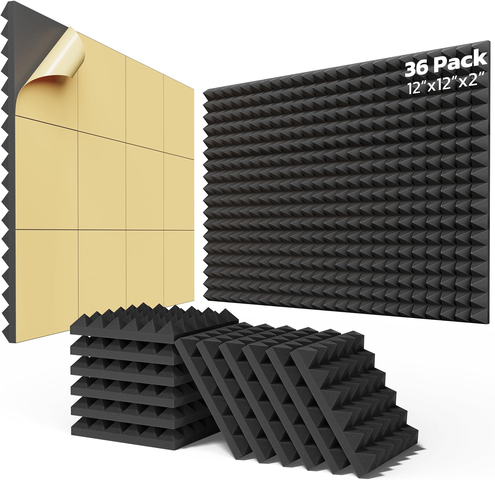 36 Pack Sound Proof Foam Panels for Walls with Self Adhesive, 2" X 12" X 12" High Density Acoustic Panels Sound Absorbing, Pyramid Design Soundproof Wall Panels for Studio and Home - Black