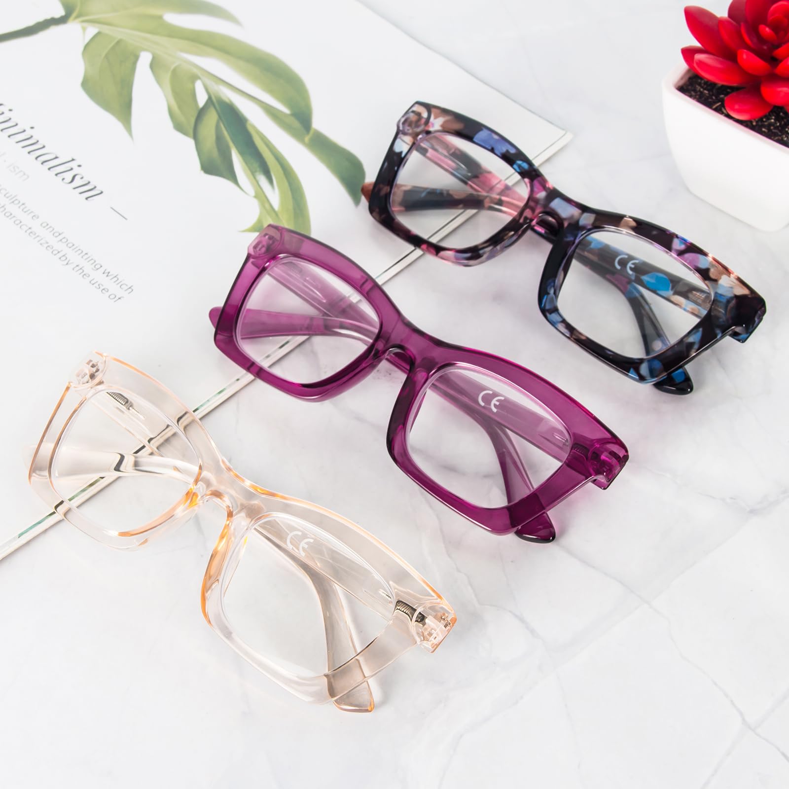 REAVEE Oprah Style Lesebrille Damen Blau Blockiert Licht Niedliche Übergroße Quadratische Computerleser Federringe, Blumenmuster / Rosa / Tee, 3.00