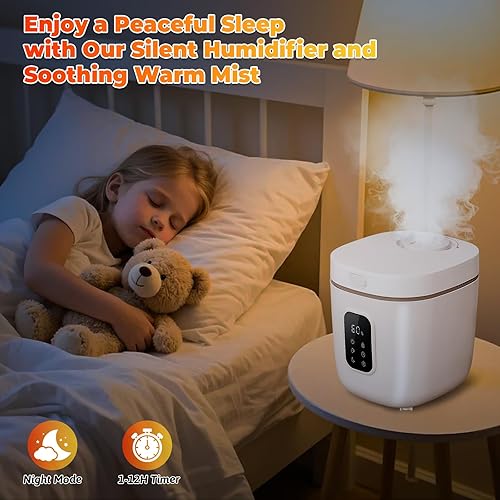 Miniatura 7 de Humidificador de vapor cálido de 3.3 L para dormitorio, habitación grande, humidificador de aire de acero inoxidable, humidificadores de vapor de
