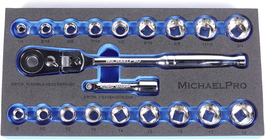 MichaelPro MP001001 3/8 inch Drive Socket Wrench Set, 20-piece, 12-Point Socket in SAE & Metric Size-With Reversible and Flexible Low Profile Ratchet Wrench Handle, Extension Bar and EVA Tray , Red
