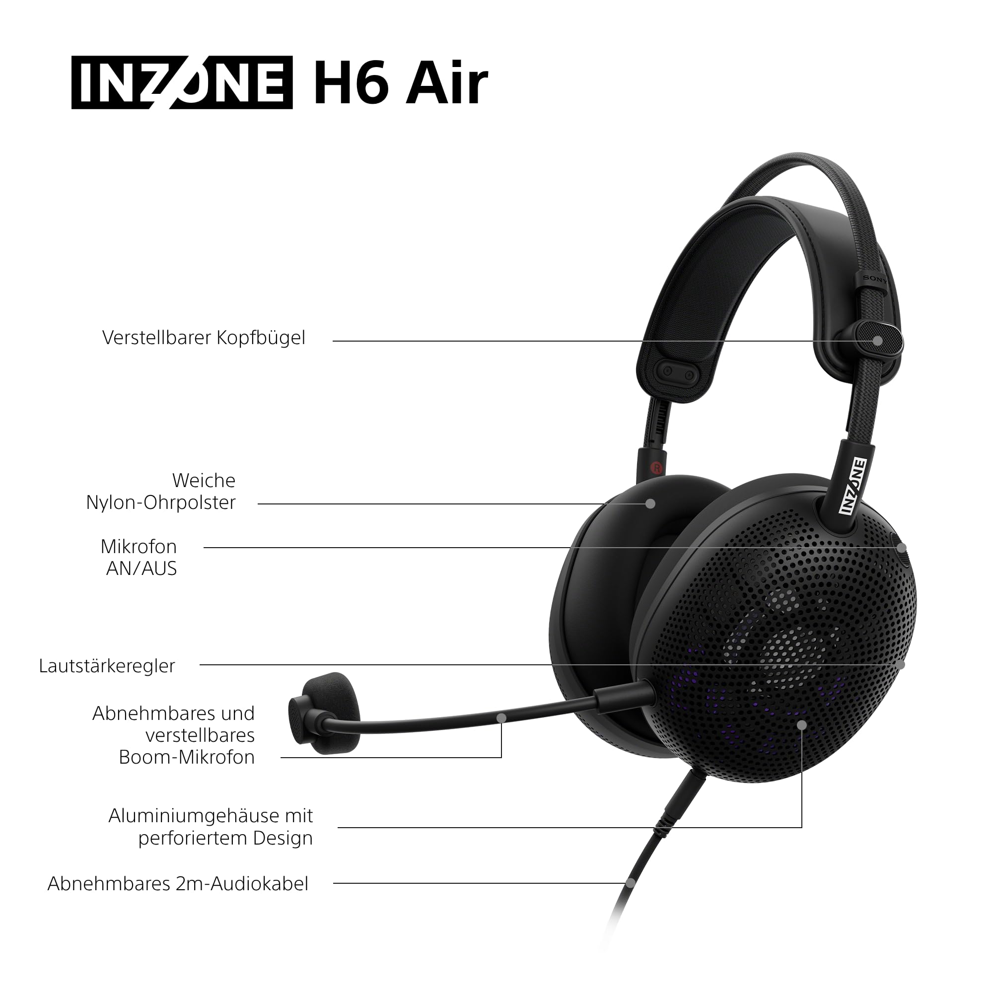 Sony INZONE H6 Air – kabelgebundenes Open-Back-Gaming-Headset – 360 Spatial Sound für Gaming, ultraleichtes 199 g-Design, abnehmbares Bügelmikrofon, Einstellbarer EQ via INZONE Hub – PC/PS5, Schwarz