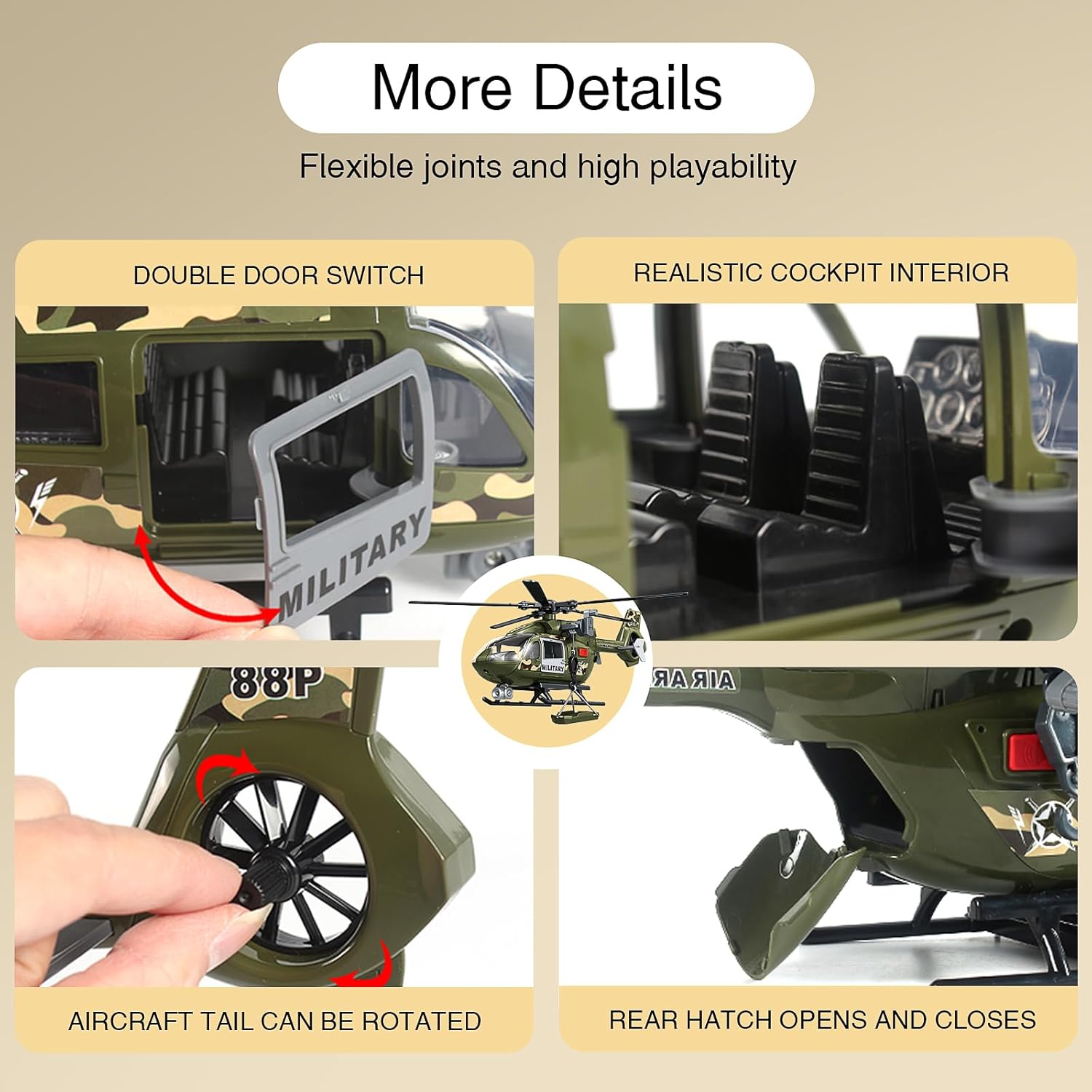 Large Military Helicopter Toy 15 Inch, Army Green Kids Helicopter with Crane & Hanging Tray, Toy Helicopter with Lights and Sounds, Helicopter Toys for Kids 3-5, Birthday Gift for Boys Age 3-7