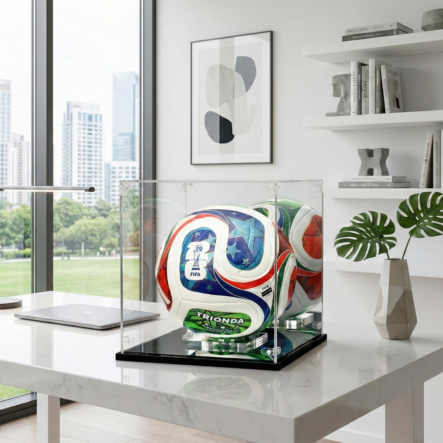 Acrylic Soccer Ball Display Case - Mirror Back & Base, UV Protection Dustproof Box for Autographed Size 5 Soccer Ball - Heavy Duty Memorabilia Cube Holder with Removable Stand (10.5" x 10.5" x 10.8")