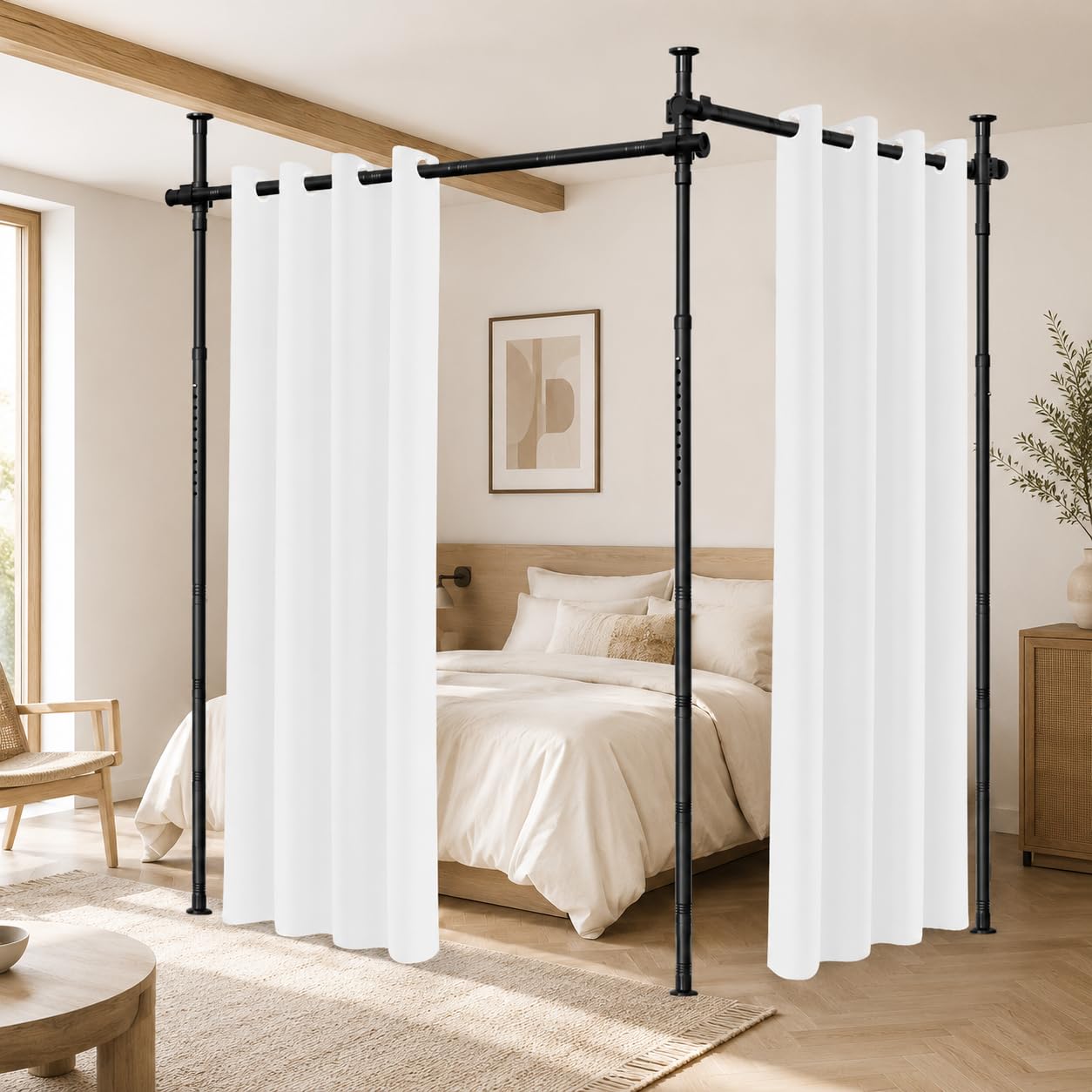 Tringle à rideau sans perçage, séparateur de pièce autonome, sans rideau, brise-vue pour salon, réglable, l 355 cm x H 320 cm, noir