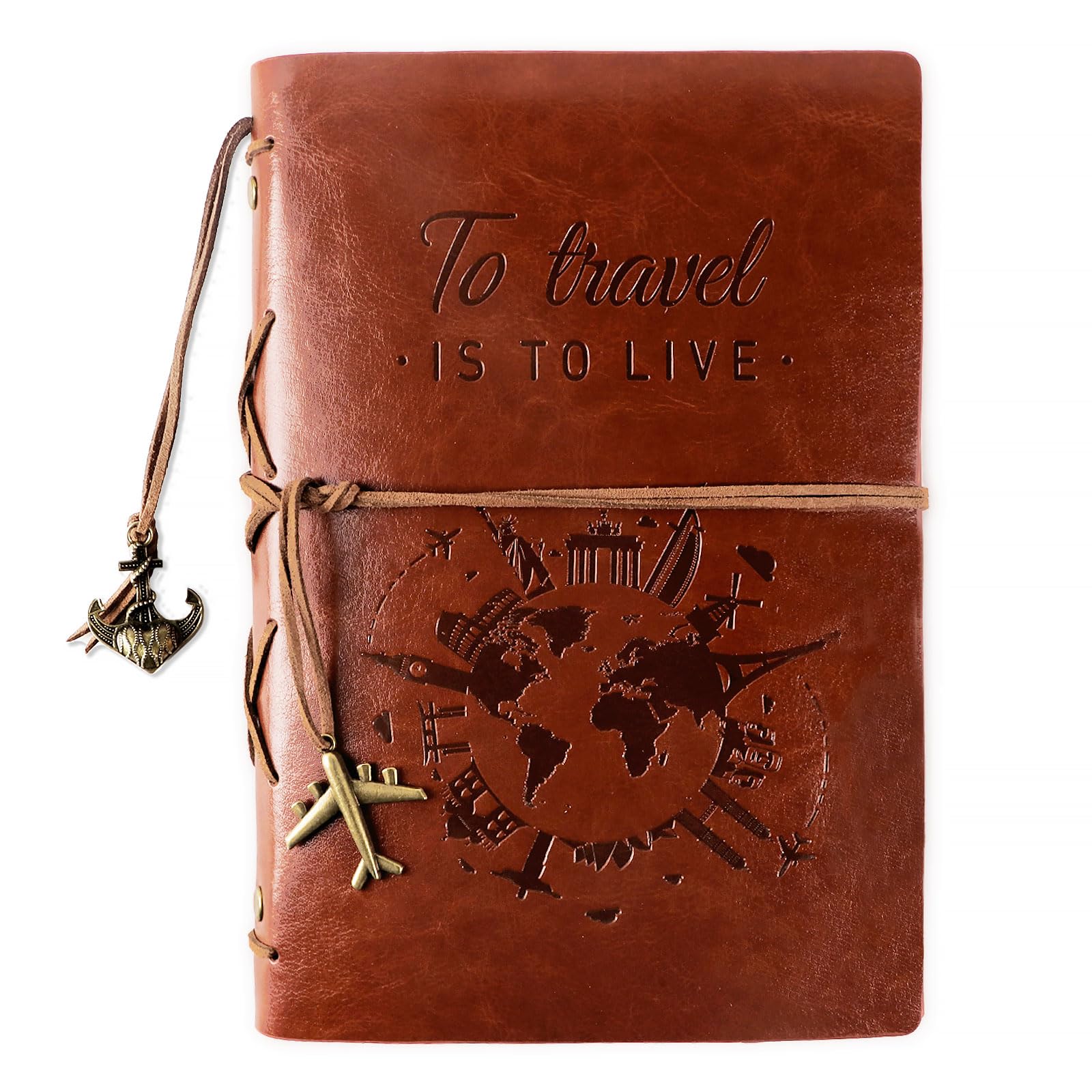 Leather Travel Journal Notebook A5 Vintage Refillable Journal with Blank Pages Travel Spiral with Retro Pendants for Men Women Writing Sketching Travelers Diary