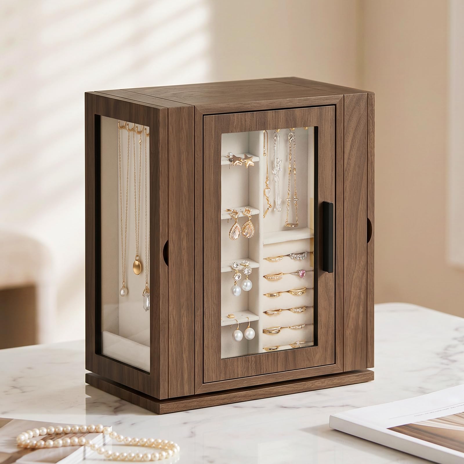 HOOBRO Caja Joyero, Organizador de Joyas Giratorio de 360°, Caja para Joyas con 5 Cajones, con Puerta de Acrílico, Expositor de Joyas con Forro de Terciopelo, para Collares, Anillos, Nogal EBH30JB04