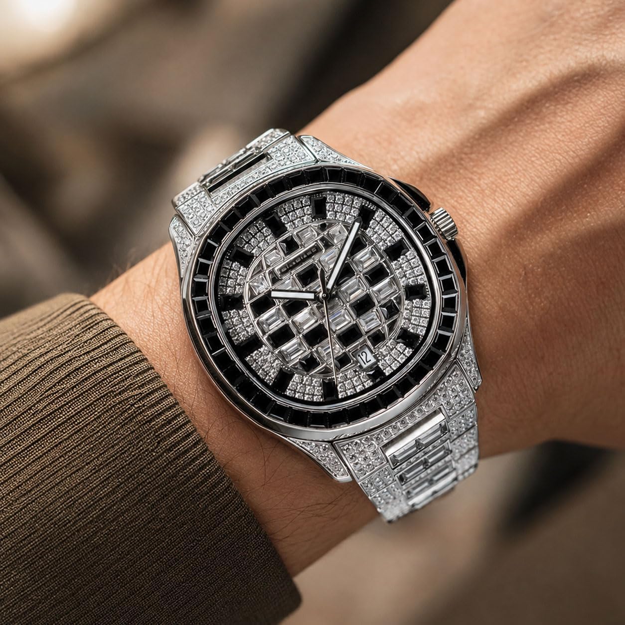 OBLVLO Crystal-Set Baguette Stone Iced Out Bracelet Watch, Automatic Watches image 5