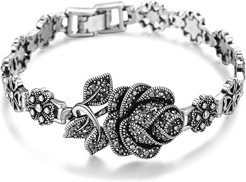 Mytys Vintage Charm Bracelet for Women Elegant Black Onyx and Marcasite with Silver Rose Flower Design, Retro Ideal for Women's Jewelry Gifts