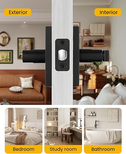 Miniatura 4 de goldenwarm Manija de puerta negra con cerradura y llave, manija cuadrada de puerta exterior negra mate, cerradura de puerta de entrada con llave de