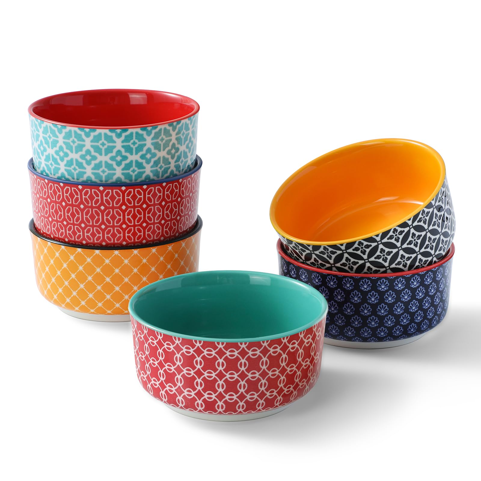 DOWAN Juego de 6 cuencos de porcelana de 180 ml, aptos para horno, para horno pequeño, para microondas, airfryer y lavavajillas, diámetro de 10 cm, multicolor
