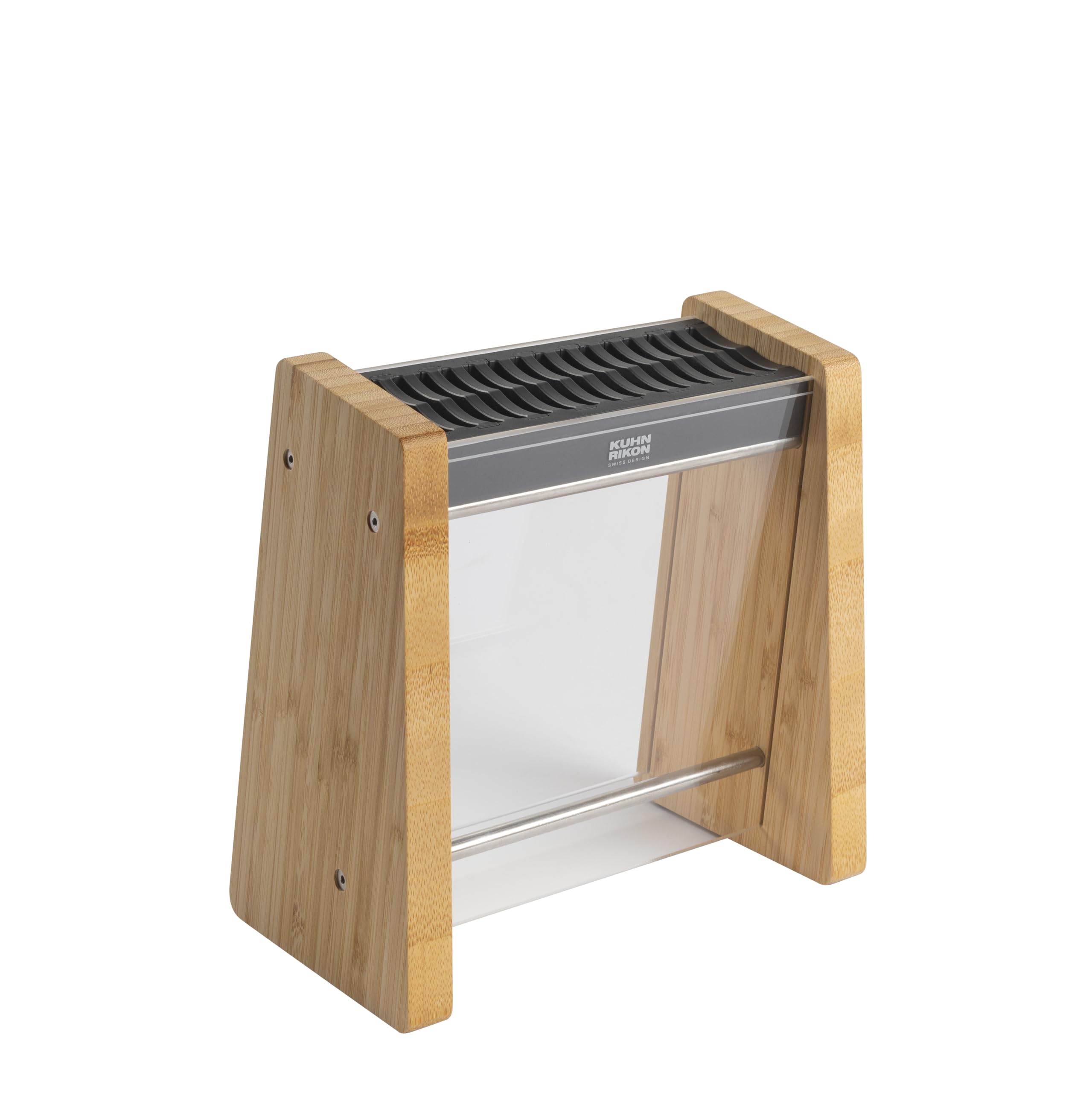 Kuhn Rikon Ceppo portacoltelli vuoto in bambù ghiacciato realizzato in bambù sostenibile con frontale in plexiglas trasparente. Inserto flessibile per lame di varie dimensioni, facile accesso e