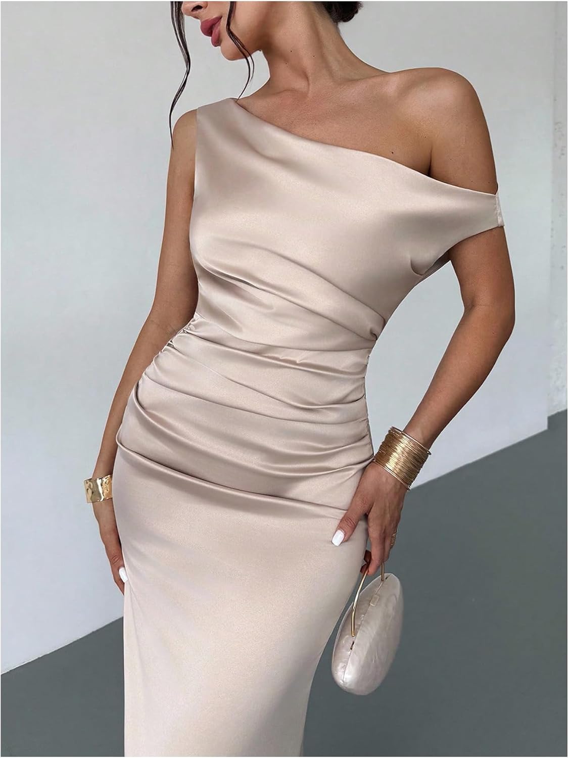 Floerns Women's Elegant Off The Shoulder Dress Ruched Sleeveless Bodycon Wedding Guest Maxi Dresses - Image 4