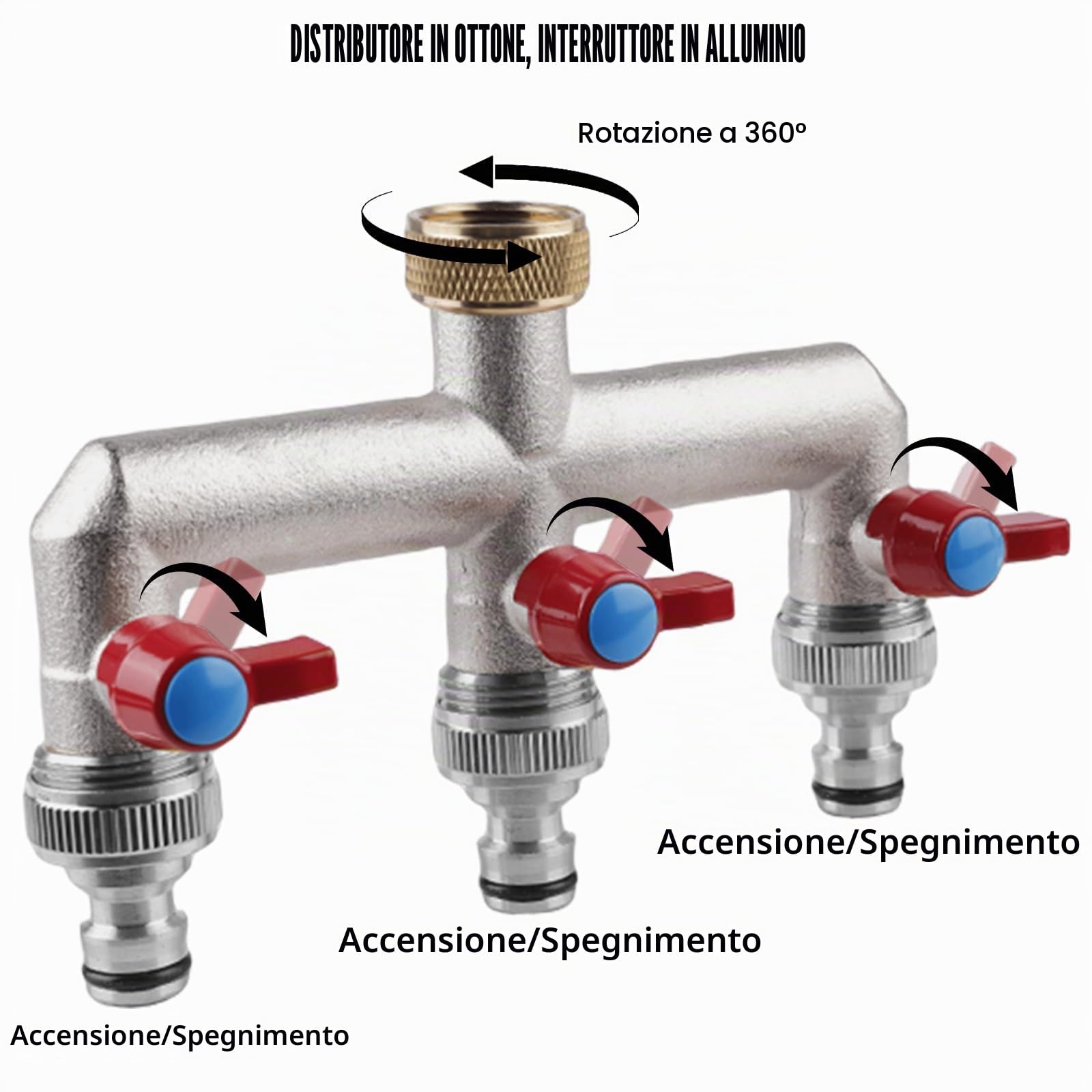 Distributore dell'acqua per rubinetto a 3 vie: distributore d'acqua da giardino in ottone per 3 adattatori per tubo da giardino, 3 distributori da 3/4", adattatore da 1/2", con valvola a sfera per la