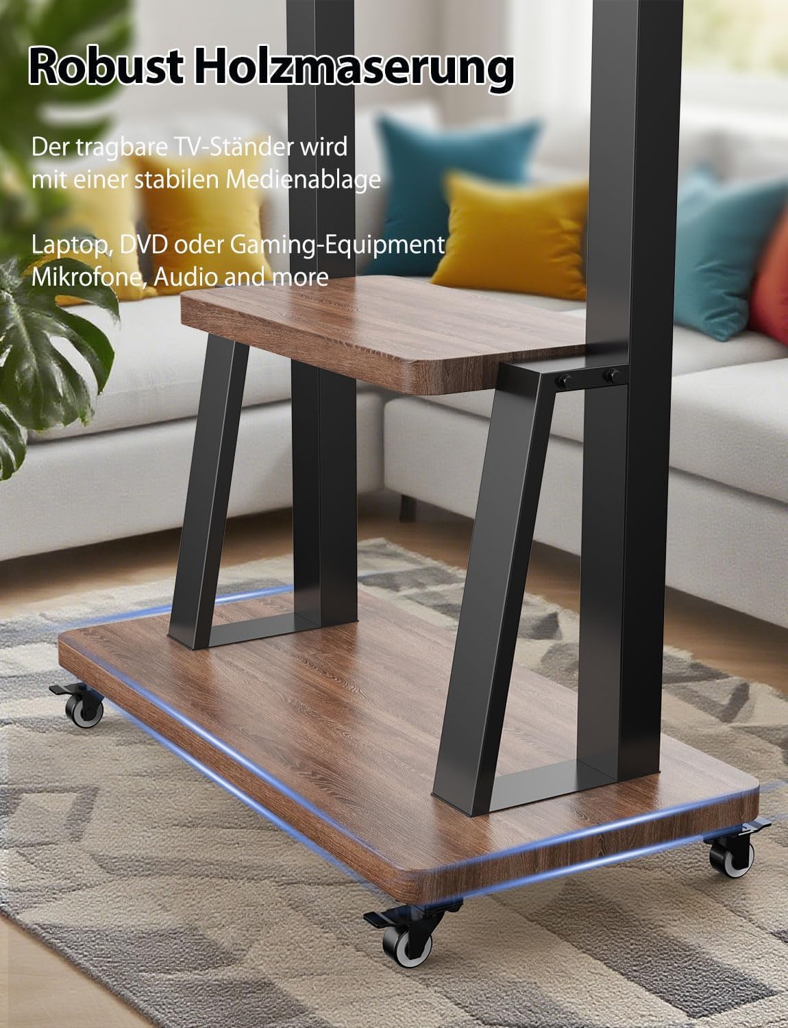 Rollbarer TV Ständer für 32-100 Zoll Fernseher,Professioneller Monitor Stand mit Rollen höhenverstellbar,max VESA 900x600 Last bis 80kg Wohnzimmer Schlafzimmer Büro Universeller TV Standfuss