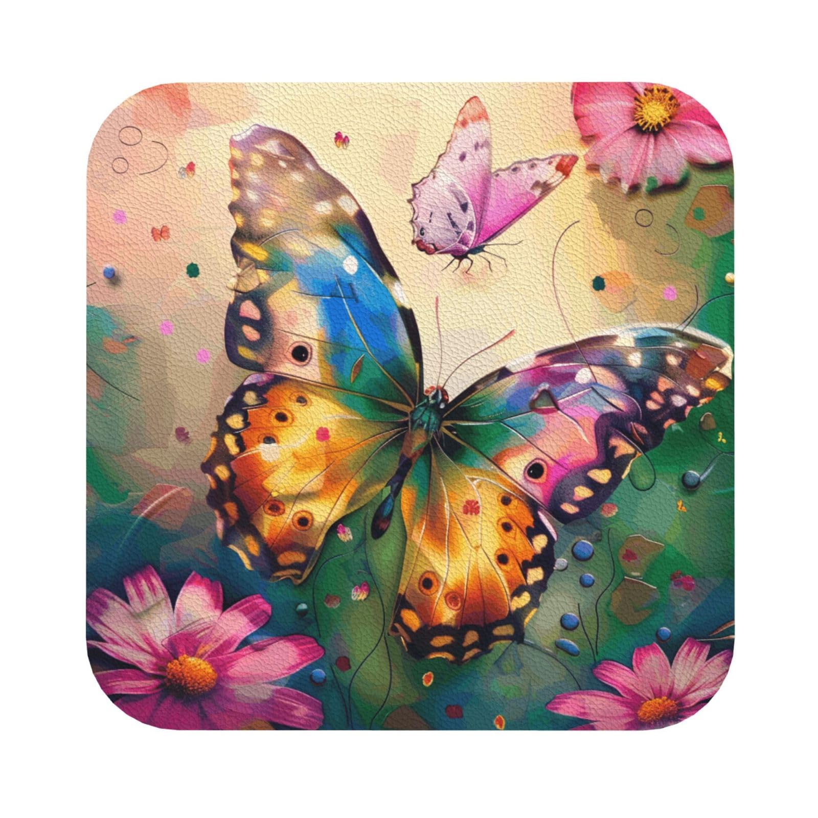 Beautiful Butterfly Printed Coasters for Drinks, Leather Coaster Sets of 4, Funny Coffee Cup Coaster, Absorbent Coaster for Home and Office Kitchen Bar Square