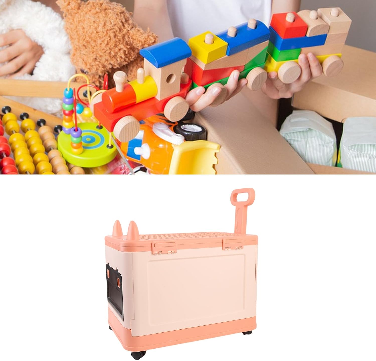 Toy Box with Cute Toy Chest Storage Organizer with Pull Handle and Building Block Lid - SpaceSaving Design in Orange Pink for Kids' Toys (Orange Pink)
