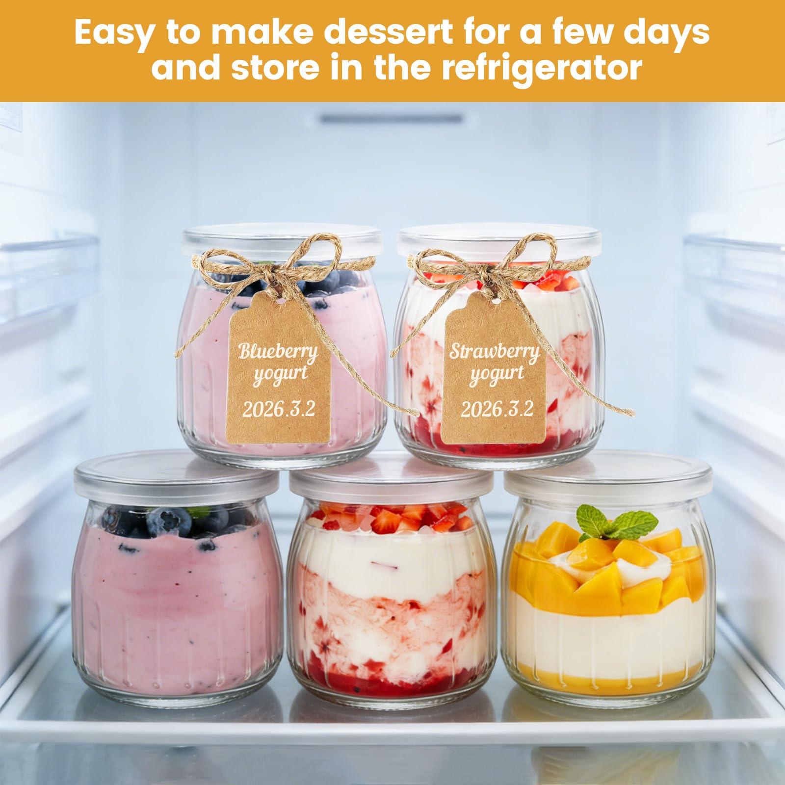 12 Stück 200ml Durchsichtige Joghurtgläser mit Deckel und Löffel, Mehrzweck Dessertgläser für Marmelade, Desert Gläser Set Glas, mit Etikette, Bürste, Seil für Joghurt, Honig