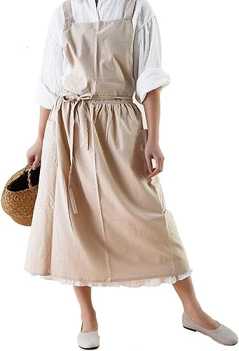 VLZUFE Delantal de lino y algodón para mujer, con espalda cruzada, con bolsillos, para trabajos de jardinería